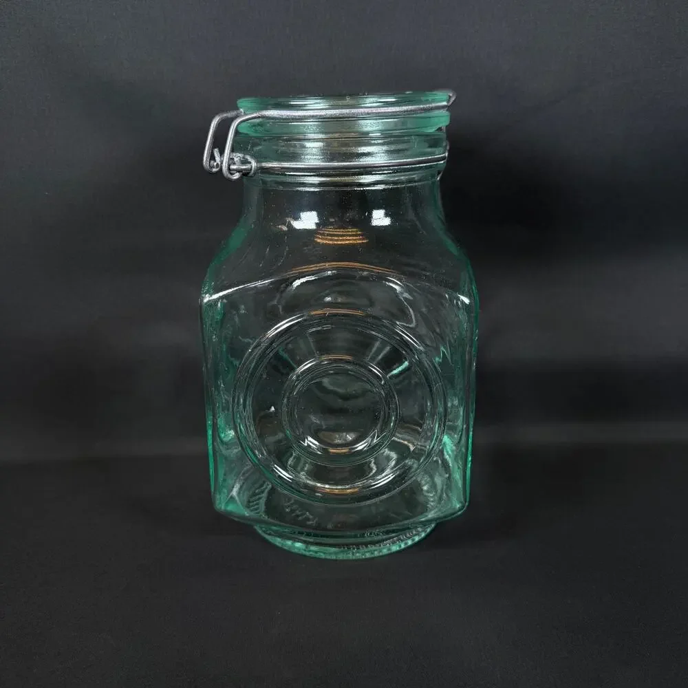 Vintage Hermetic Green Tinted Lantern Style Glass Canister Jar Made in Italy